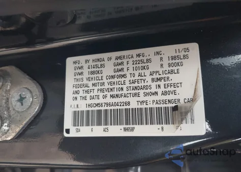 2006 Honda Accord 2.4 Ex из США, поврежденный, VIN 1HGCM56796A042268